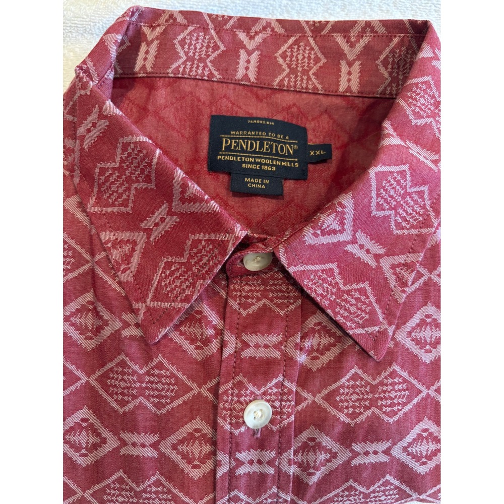 Pendleton Mens XXL Red Geometric Tribal Print Short Sleeve Cotton Button Down